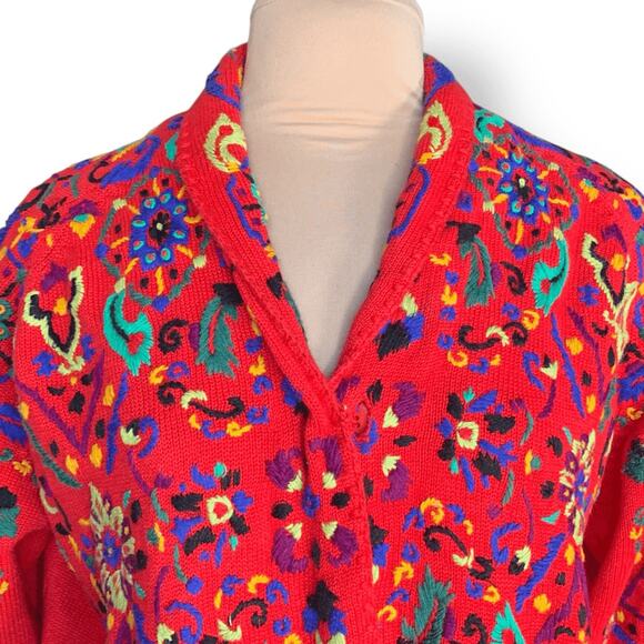 Vintage 90s Michael Simon Embroidered Cherry Red Artsy Knit Cardigan Sweater - Picture 2 of 12